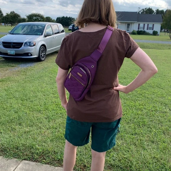 Diamond Quilted Purple Crossbody Sling Bag with Earbud Access - Picture 5 of 10